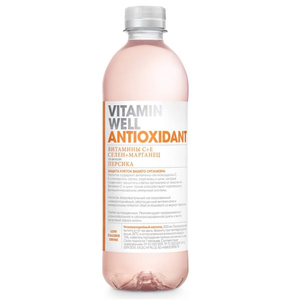 Безалкогольный напиток Vitamin Well Antioxidant (Витамин Велл Персик) 0,5 л. ПЭТ (12 шт./уп.)